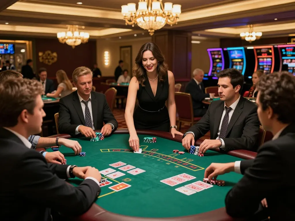 Engage in thrilling blackjack action at KO66, featuring a skilled dealer and enthusiastic players in a vibrant casino atmosphere.