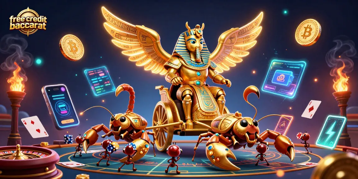 Engage in free credit baccarat with a dynamic scene featuring a golden scarab beetle and live casino elements.