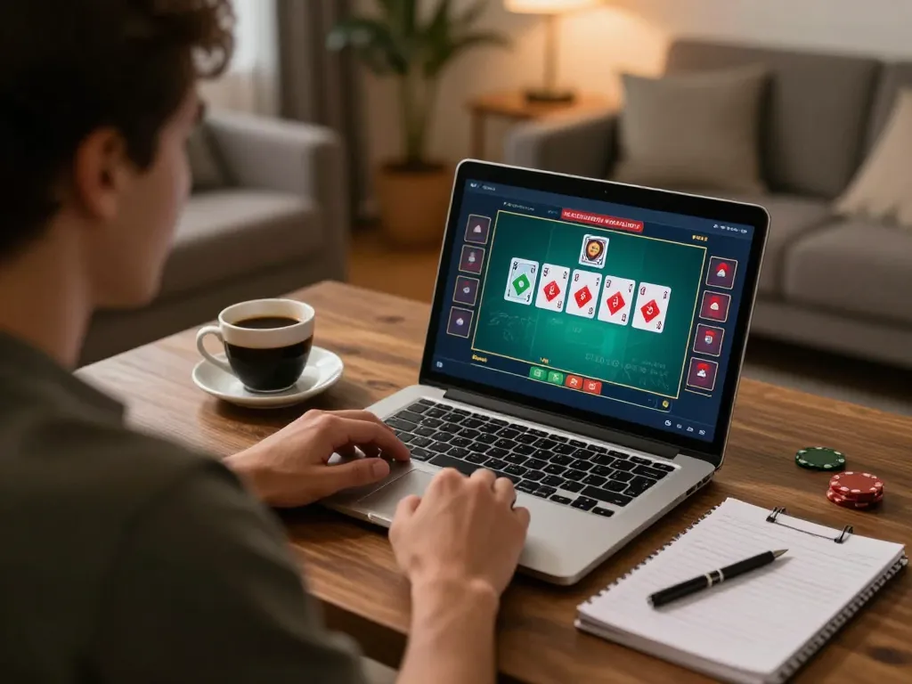 Player analyzing poker strategies on laptop while enjoying responsible online gaming with sc88 strategy notes nearby.