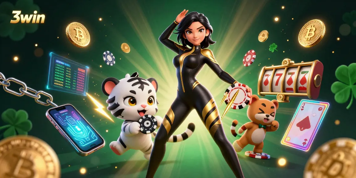Experience thrilling gaming action with 3win's vibrant casino illustration, featuring dynamic characters and gaming elements.