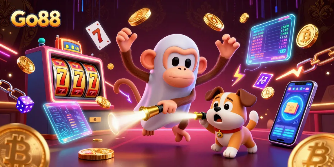Engage with Go88 gaming opportunities as a playful ghost-hunter puppy tracks a mischievous poltergeist monkey in a casino.