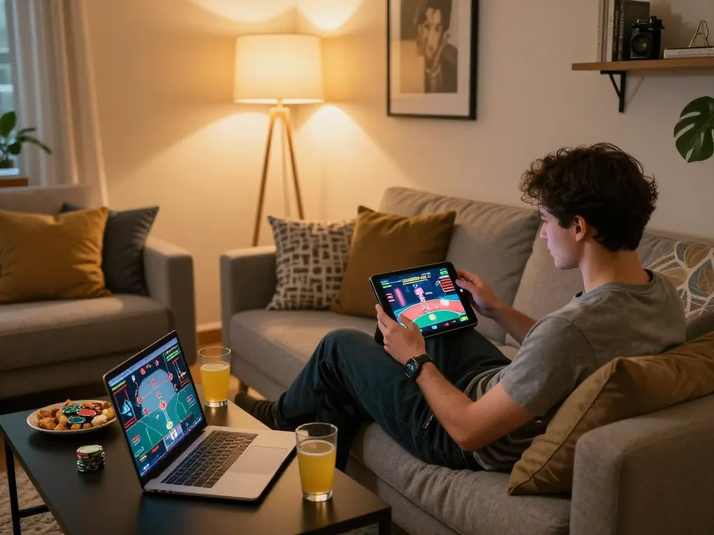 Player enjoys MM88 online poker on tablet while seated in a cozy living room