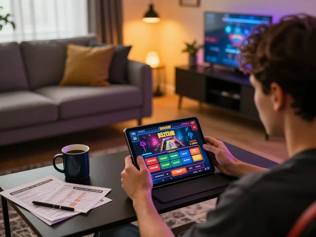 B52club player enjoying a strategic online casino game experience in a cozy setting.