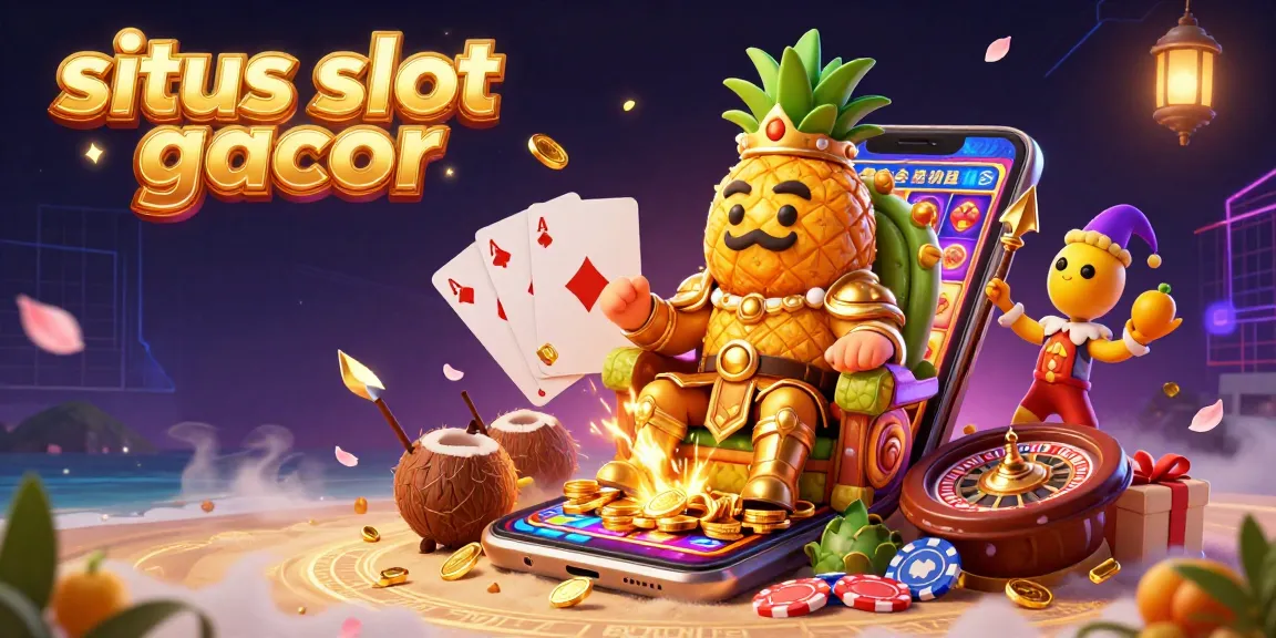 situs slot gacor showcases a vibrant beach casino scene with a golden pineapple king and slot game excitement.