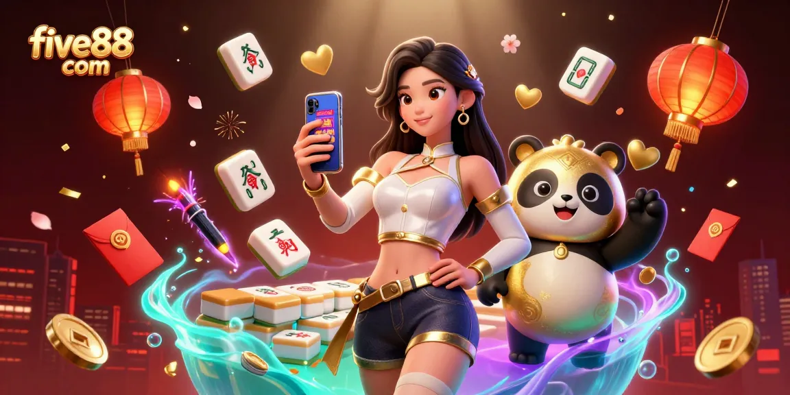 Engage with five88 com for casino fun as an elegant woman plays on a smartphone with a golden panda.