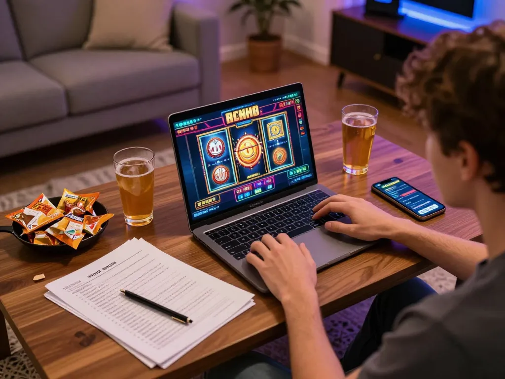 Engaging player enjoying slot88 gameplay on laptop with strategy notes nearby.