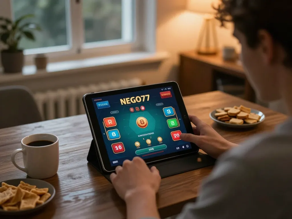 Engaging in NEGO77 online casino gaming from home, showcasing poker interface and relaxed atmosphere
