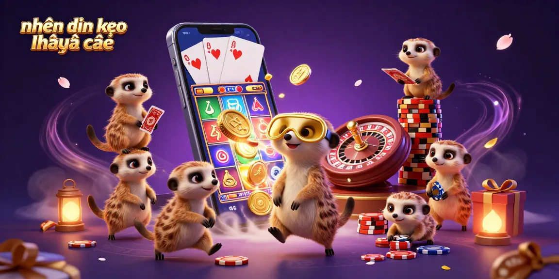 Engaging scene showing nhận định kèo nhà cái with meerkats managing a lively casino filled with games and excitement.