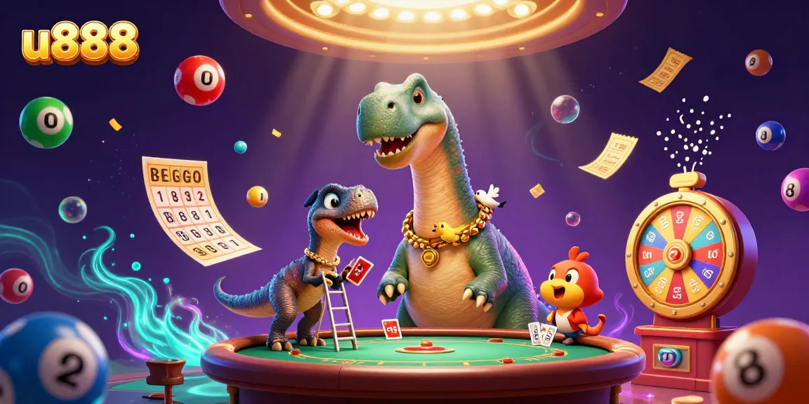 Bet on u888 with engaging gaming elements like colorful lottery balls and a brontosaurus dealer.