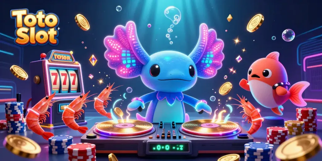 Visualisasi Toto Slot dengan karakter ceria DJ dan elemen permainan menarik.