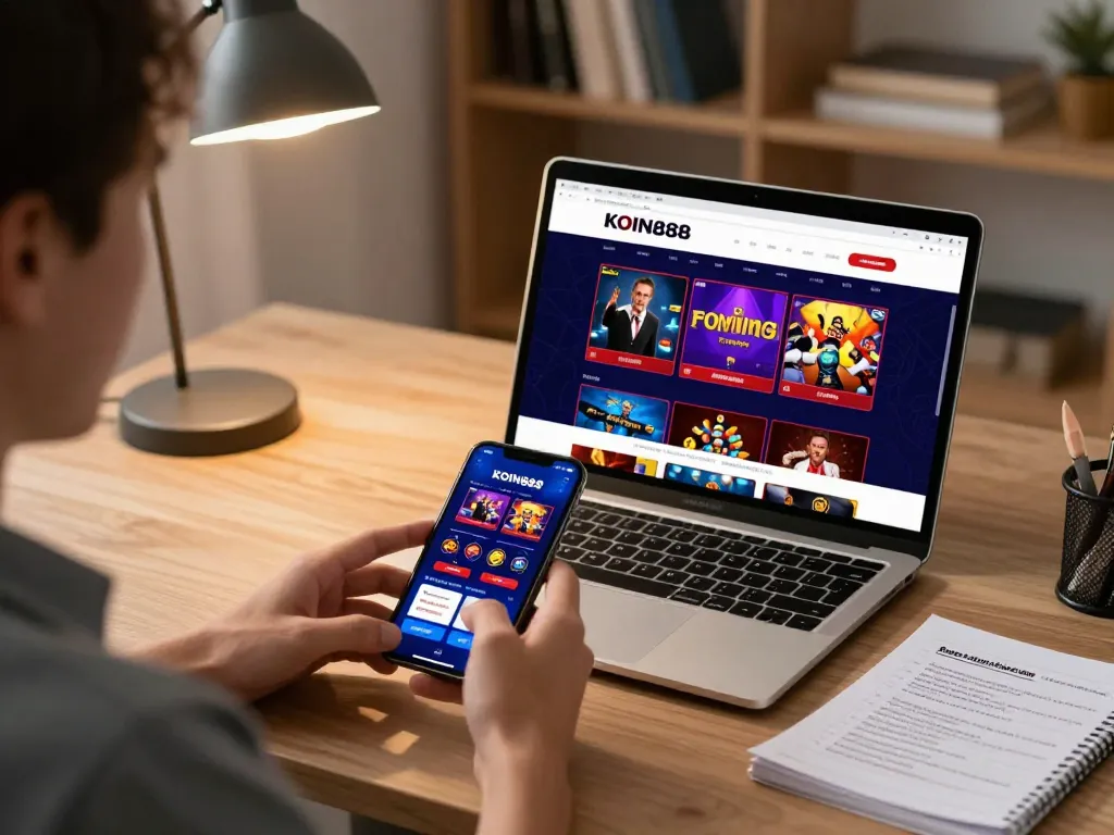 Pengguna KOIN888 terlibat dengan aplikasi game mobile di pengaturan kantor rumah yang nyaman, menekankan strategi perjudian yang bertanggung jawab.
