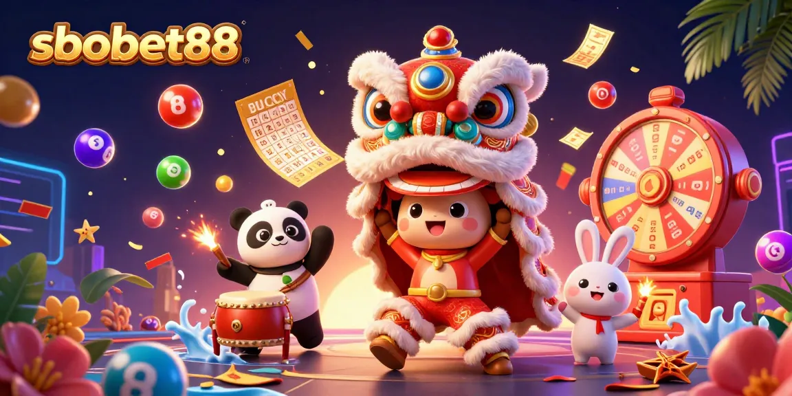 Engage with sbobet88 gaming excitement featuring a vibrant lion dance, drumming panda, and lively lottery elements.