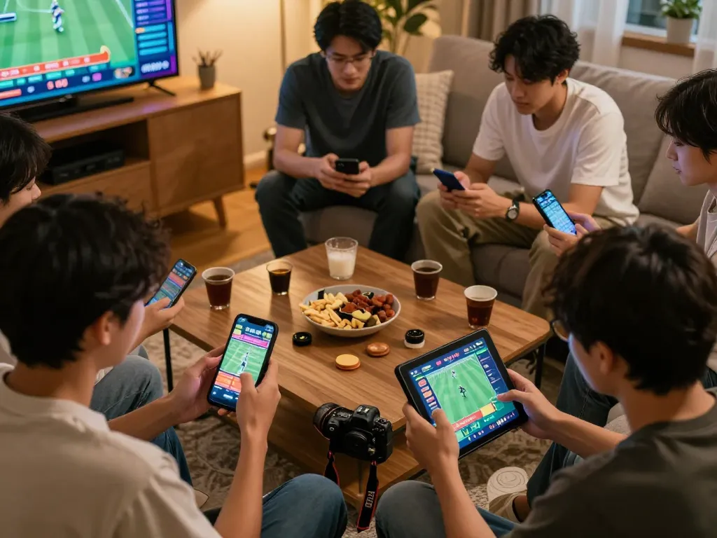 MPO08 sports betting scene showing friends using smartphones, emphasizing strategic gameplay in a comfortable environment.