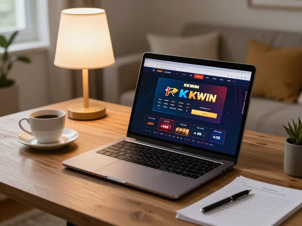 Engaging user playing casino games on KKWIN with laptop and notes in a cozy setting.