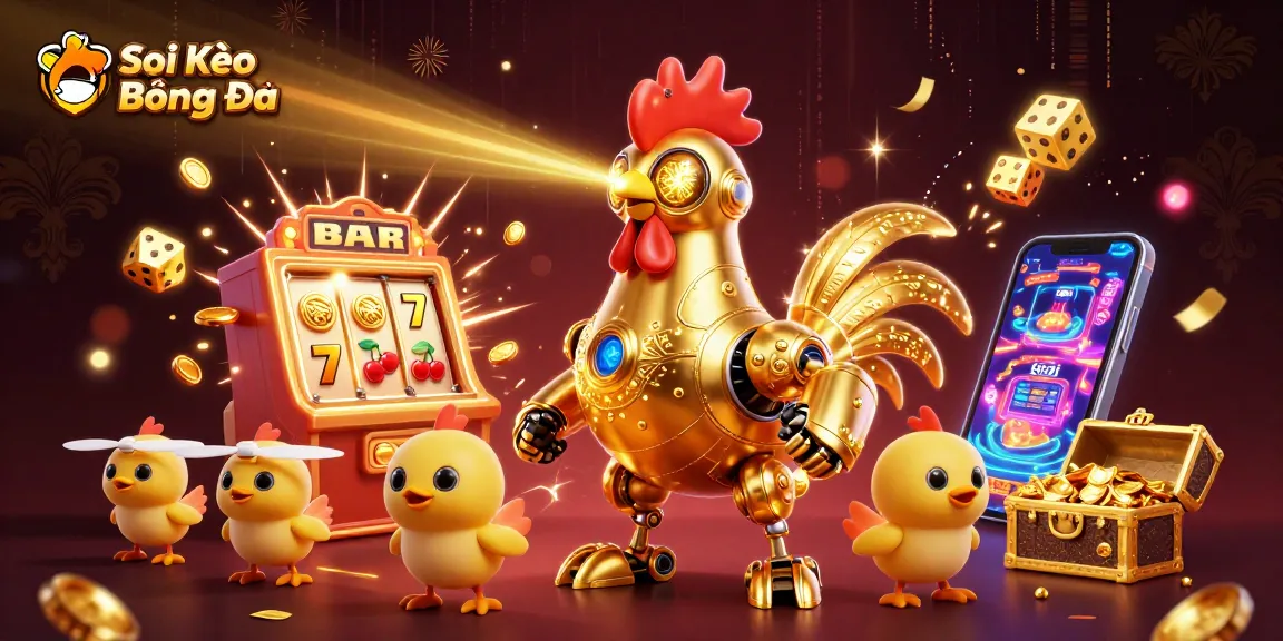 Soi Kèo Bóng Đá illustrated with a futuristic golden rooster robot and baby chick drones in a vibrant casino scene