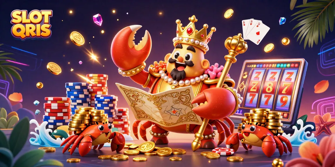 Experience winning with SLOT QRIS, featuring a golden crab emperor amidst dynamic casino elements.