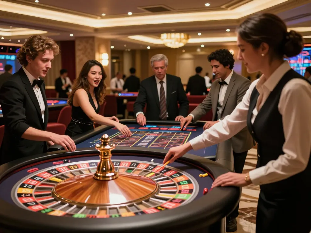 Players engaging at a roulette table in an upscale casino showcasing excitement with hz88 style gaming.