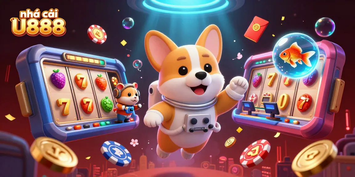 Engage with nhà cái U888 in this vibrant cosmic casino scene featuring playful characters and thrilling action.