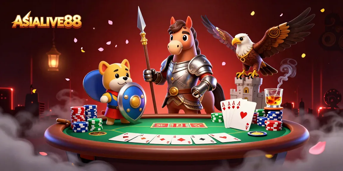 Experience ASIALIVE88's dynamic casino scene with medieval knight, puppy squire, and poker elements.
