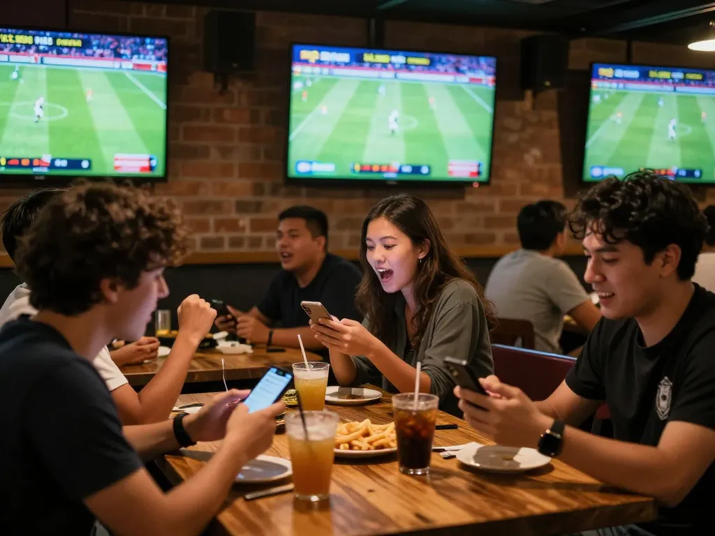 KÈO TRỰC TUYẾN - Fans cheering at a sports bar while betting in real-time during a live football match.