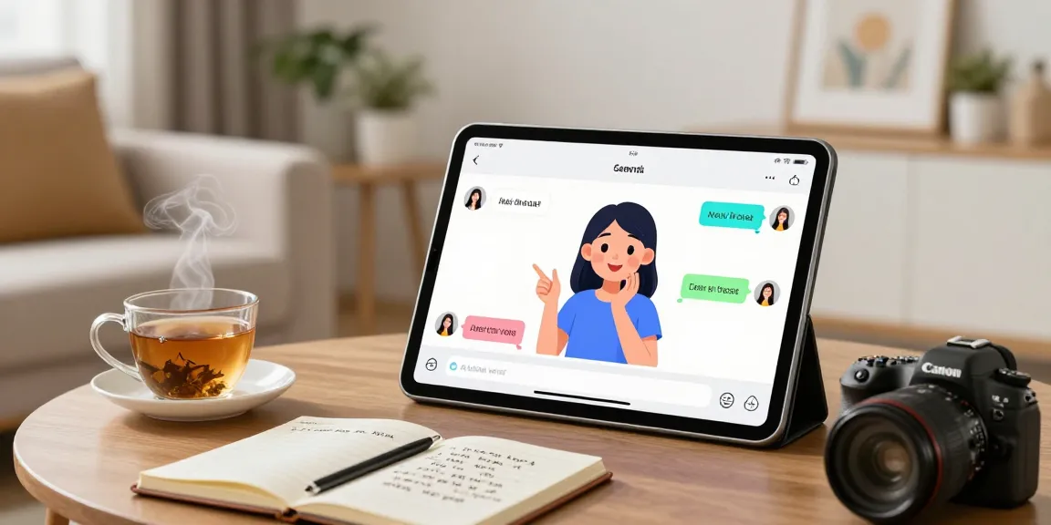 An engaging ai sex chat interface displayed on a tablet in a cozy living room, showcasing a playful interaction with an animated character.