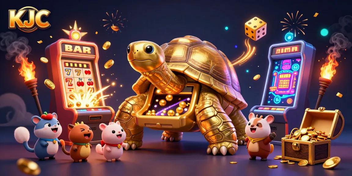 Play exciting casino games with KJC in a vibrant, animated scene featuring a golden tortoise pinball machine.