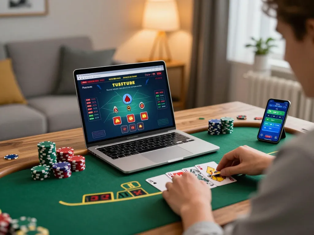 Engaging in online blackjack gameplay at home, showcasing LGOGOAL experience and strategic card actions.