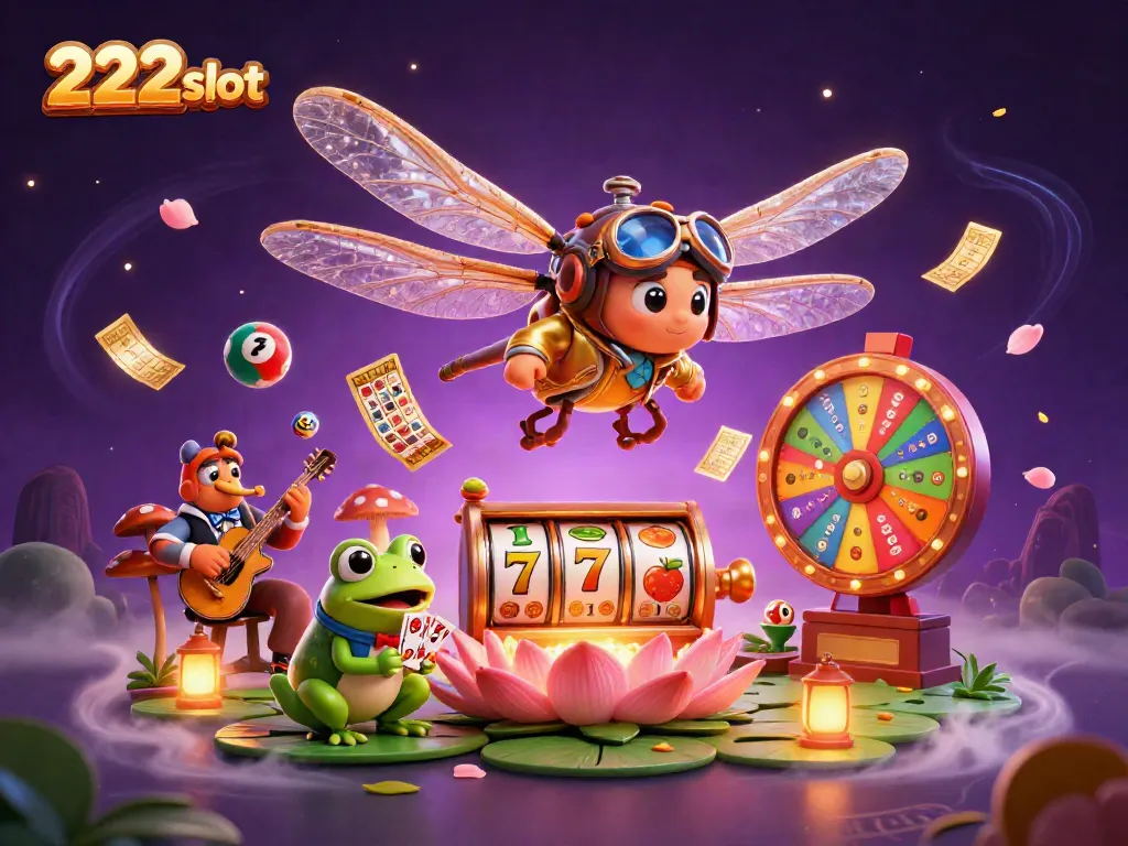 Keseruan 222slot nampak dengan naga terbang, croupier katak, dan musisi kriket di kasino pad lily.