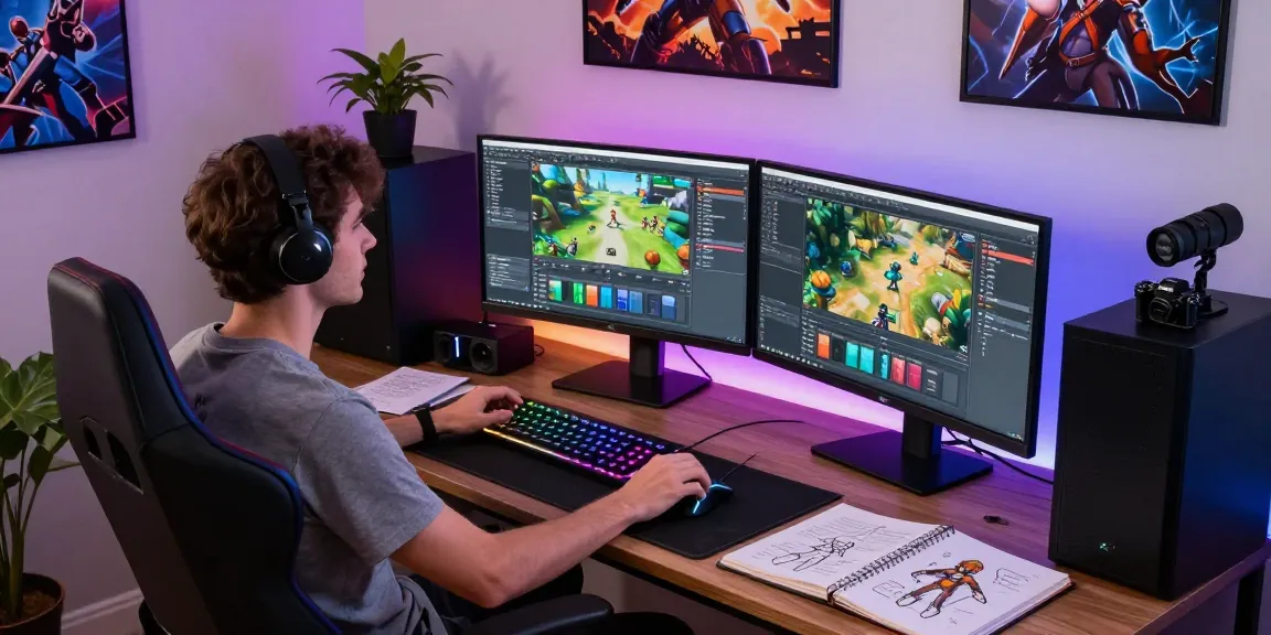 Lingkungan kerja profesional dengan fokus pada halte4d dalam pengembangan permainan video.