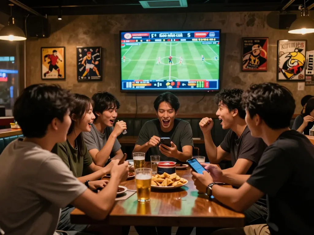 Engaged friends placing bets on Keo nha cai 5 at a lively sports bar during a match, showcasing excitement.