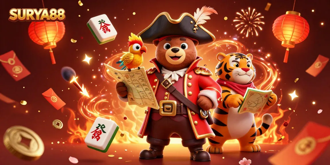 SURYA88 pirates celebrate with coins, fireworks, and lanterns in a vibrant casino scene.