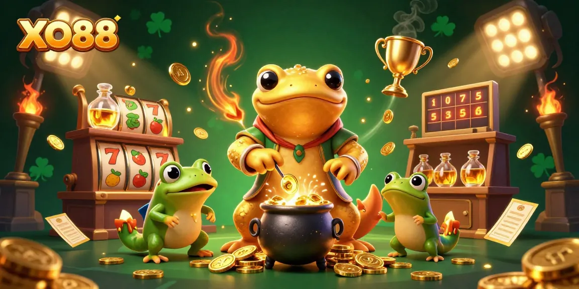Win big with XO88 in this immersive, animated casino scene filled with slot games and gold elements.