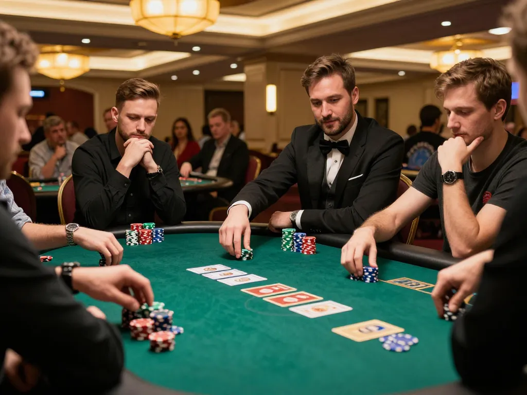 IDNSCORE RESMI poker players intensely focusing on their hands and stacks of chips at a high-stakes table.