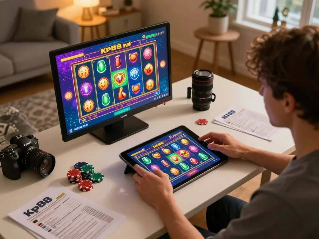 Engaging gameplay of kp88 slot game in a cozy home casino setting, showcasing vibrant graphics and relaxed atmosphere