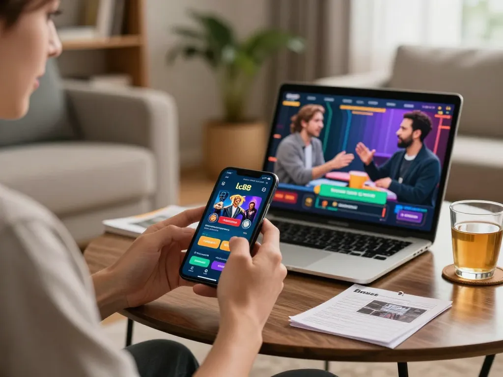 Player engaging with the lc88 casino app on a smartphone in a cozy living room environment.