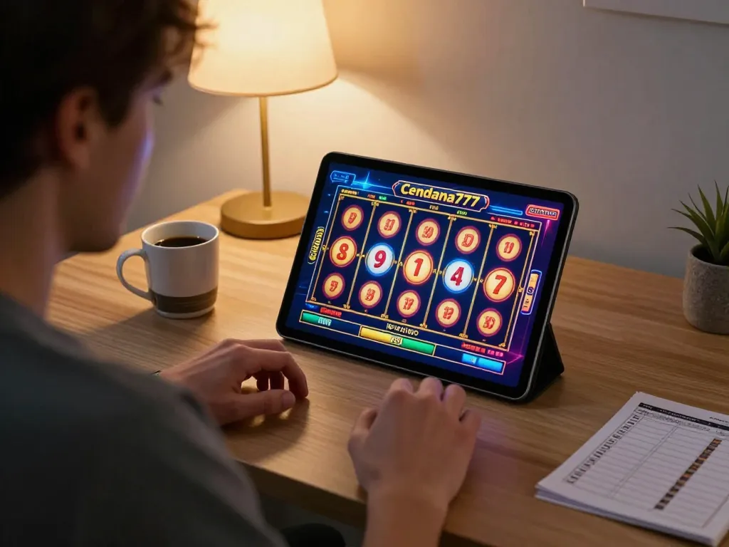 Cendana777 player immersed in an exciting online slot game on tablet, showcasing modern digital gaming atmosphere.