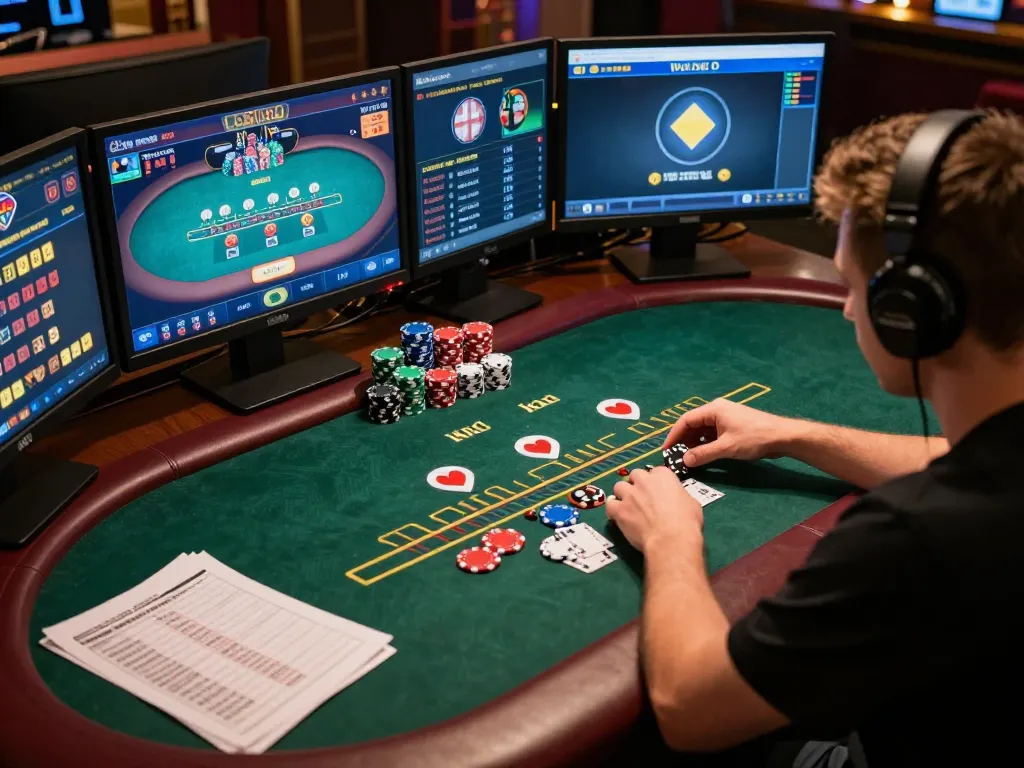 A player engaging in strategic online blackjack gameplay at kubet79, surrounded by chips and notes.