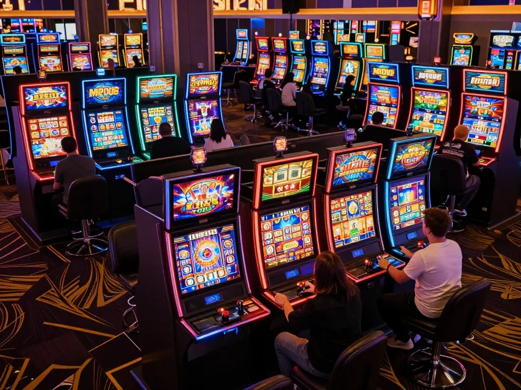 MPO08 players engaging with vibrant slot machines, celebrating wins in an energetic casino atmosphere