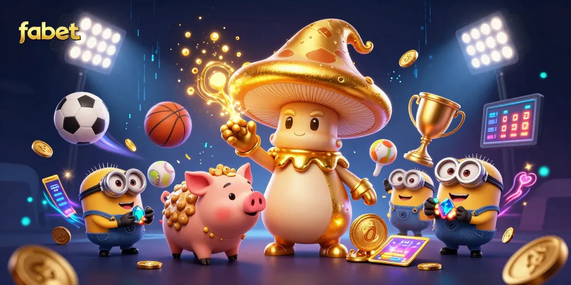 Bet on fabet with a golden mushroom wizard, truffle pig, and dynamic sports elements swirling around.