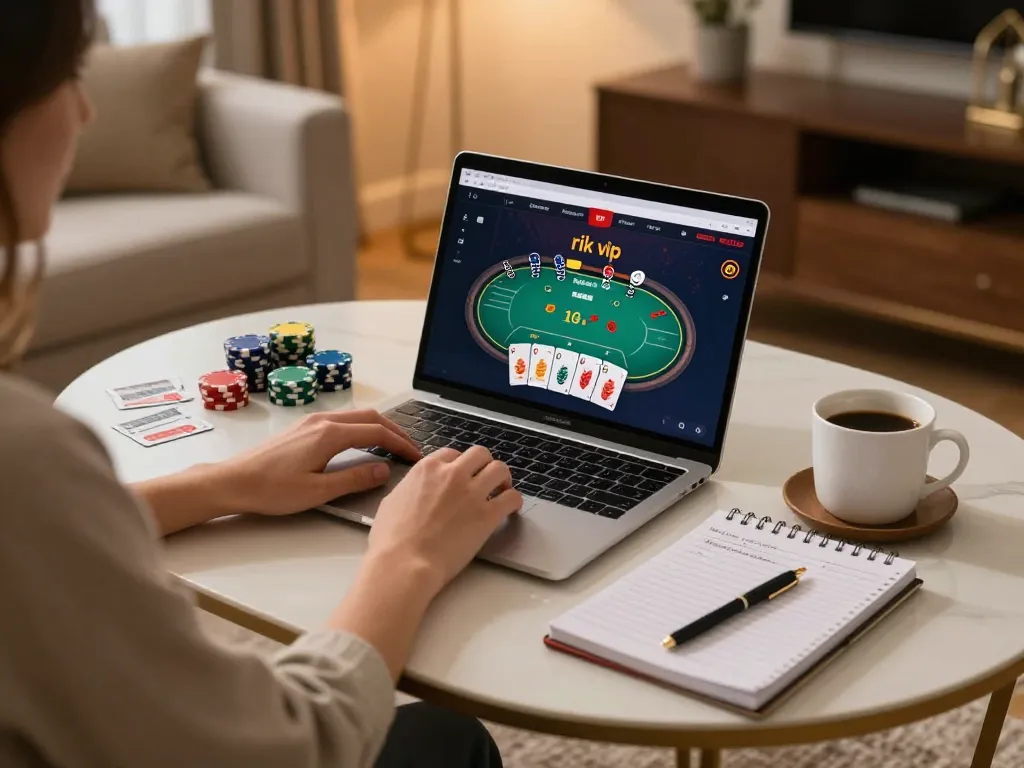 Engaging in a poker game on the rik vip platform in a cozy home setting with vibrant decor
