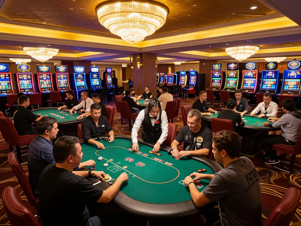 Players enjoying poker games at XX88’s upscale casino, vibrant atmosphere filled with excitement.