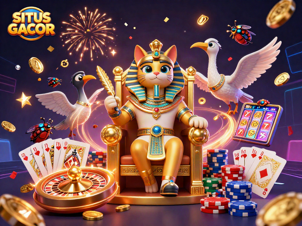 Spin the reels at SITUS GACOR, featuring a playful Egyptian pharaoh cat amidst dazzling casino elements.