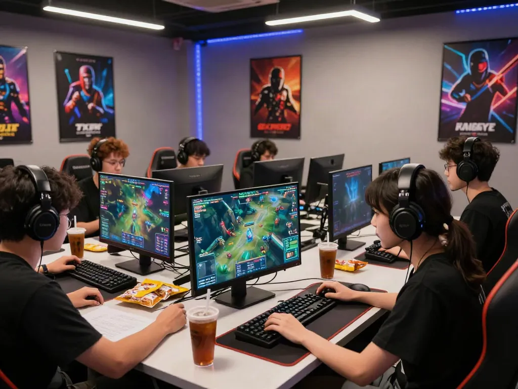 Online gaming enthusiasts deeply focused in a competitive gaming setting, featuring akunjp.