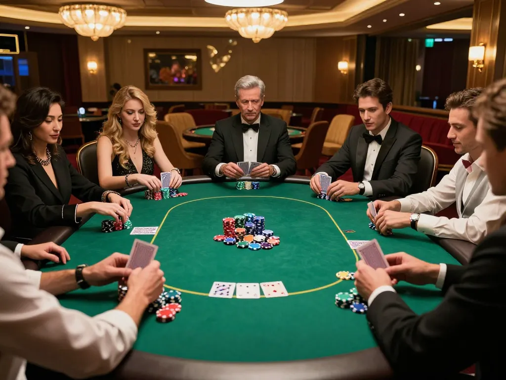Players engaging in an exciting poker game at a casino, showcasing strategy and excitement in the moment with m105 involvement