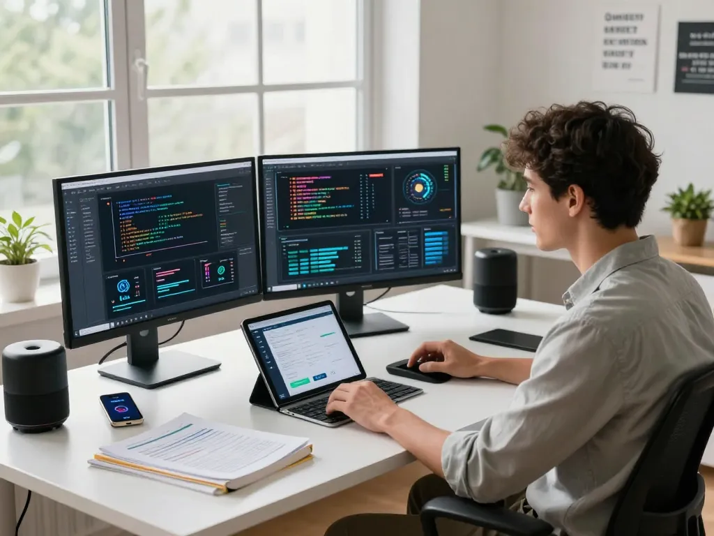 Dynamic AI workspace with multiple monitors displaying juicy ai algorithms and analytics in a vibrant atmosphere.