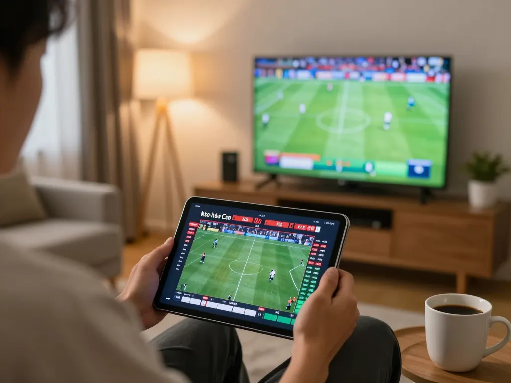 Engaging in kèo nhà cái with live sports betting on a tablet at home, showcasing strategic gaming