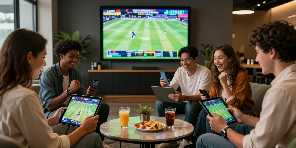 Exciting group using Fairplay24 for online betting during live cricket matches in a stylish lounge.