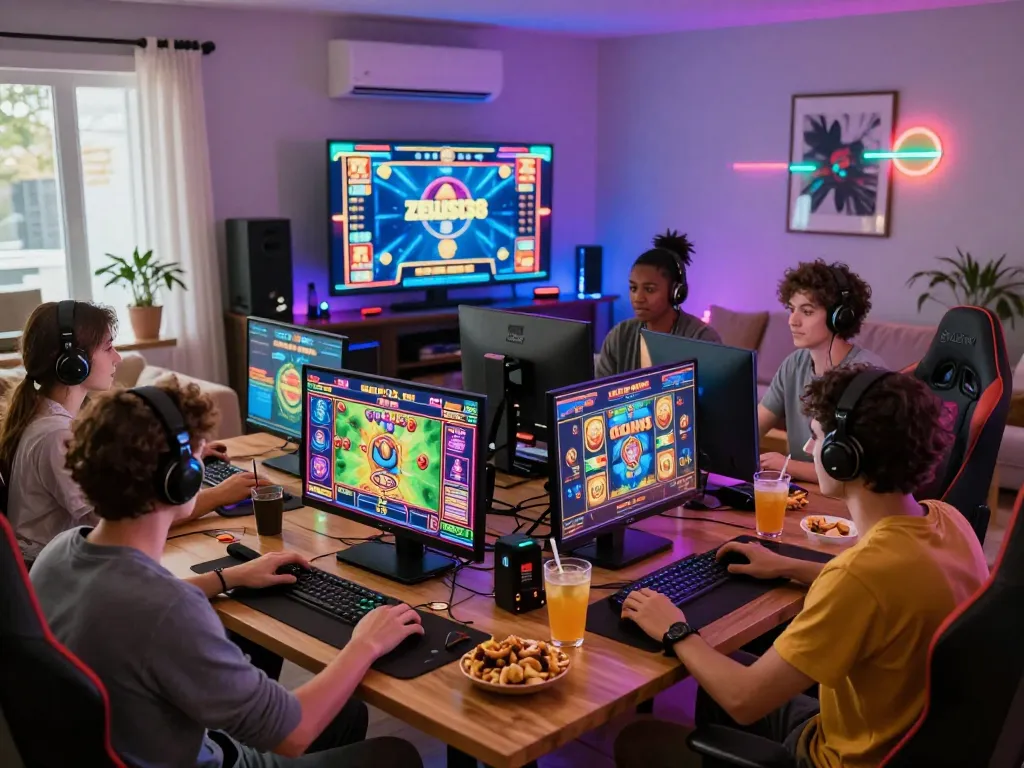 Friends enjoying a thrilling game session on Zeus138, highlighting excitement and modern gaming atmosphere.