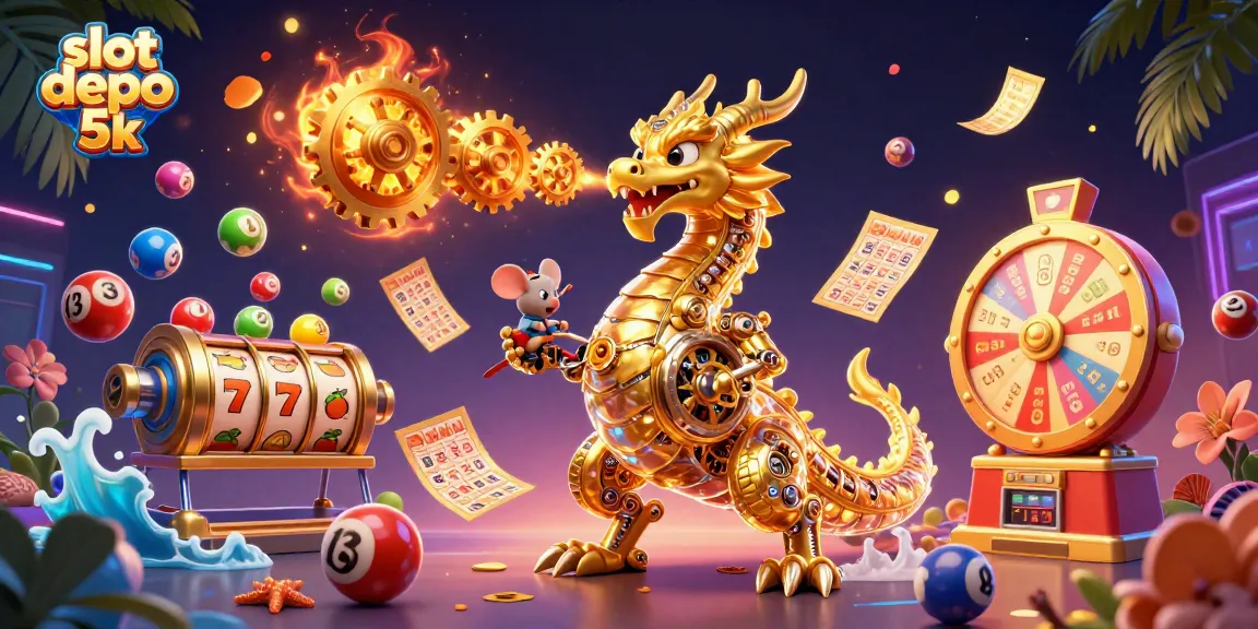Engage with the thrill of slot depo 5k featuring a golden dragon, vibrant slots, and dynamic lottery elements.