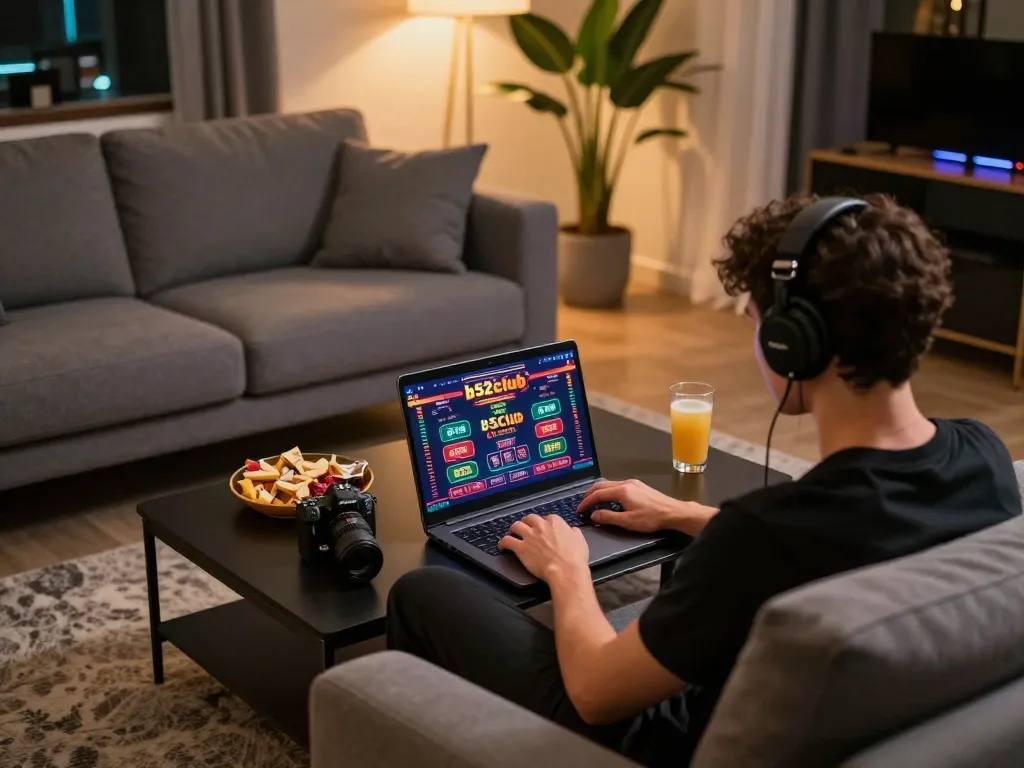 B52club player engaged in online gambling at a cozy home setup with snacks and drinks.